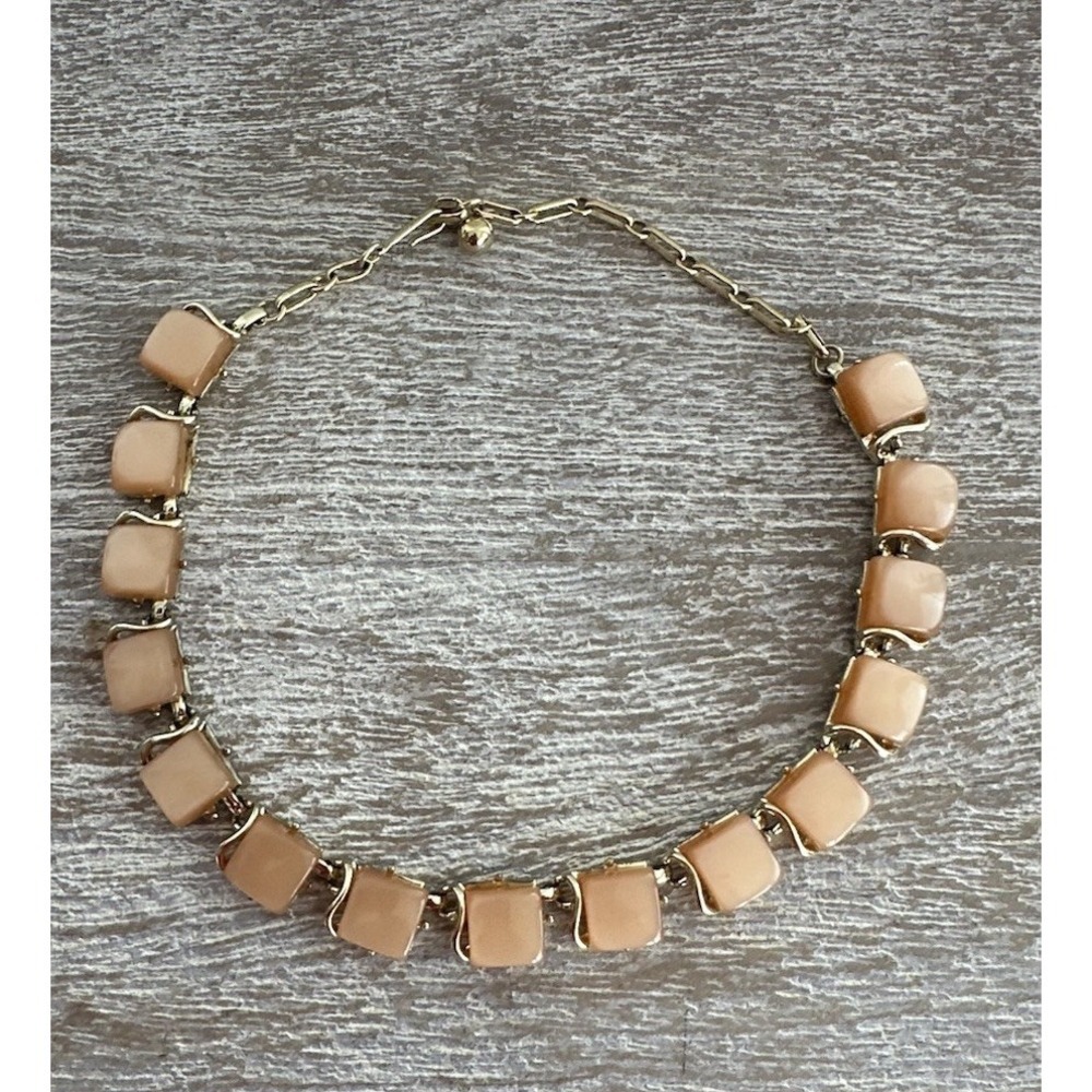 Vintage Signed Coro Coral Thermoset Moonglow Lucite Gold Tone Choker Necklace